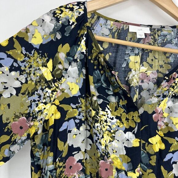 J Jill Top Size Medium Navy Yellow Floral Long Sleeve Button Front Tunic Blouse - Picture 3 of 8